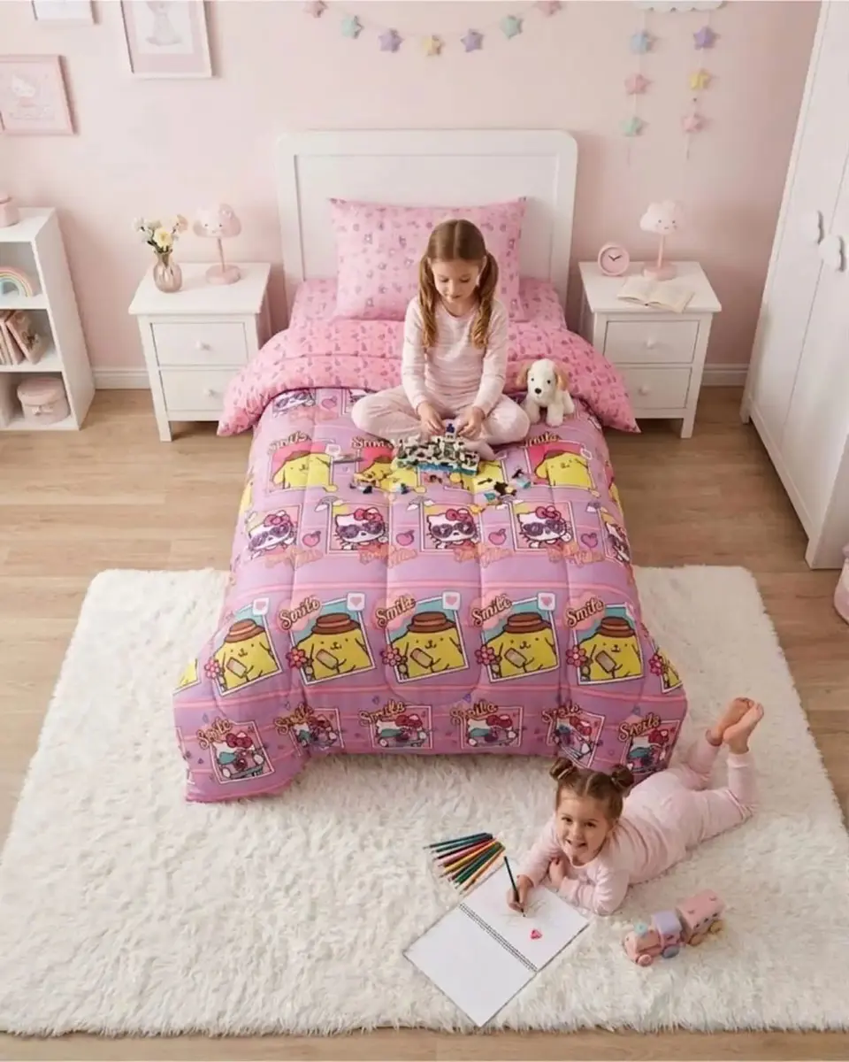 Cubrecama Infantil Rosado con Funda Diseño Flores y Gráficos 5