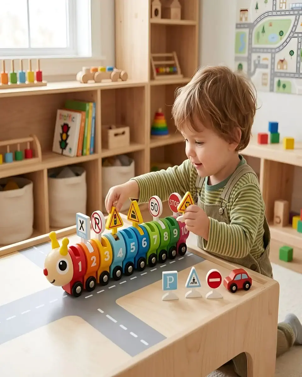 Tren Didáctico de Madera en Forma de Gusanito con Números y Señales de Tránsito 1