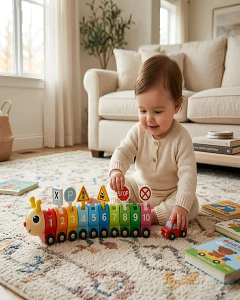 Tren Didáctico de Madera en Forma de Gusanito con Números y Señales de Tránsito