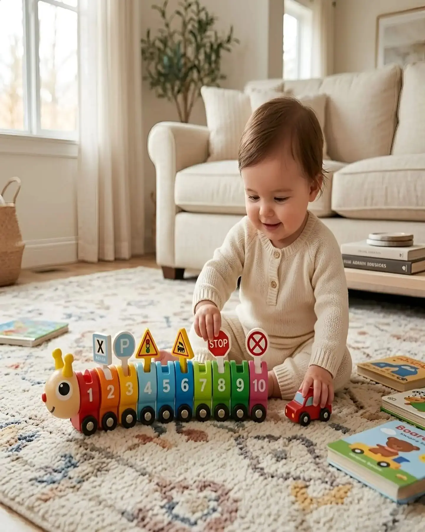 Tren Didáctico de Madera en Forma de Gusanito con Números y Señales de Tránsito 2