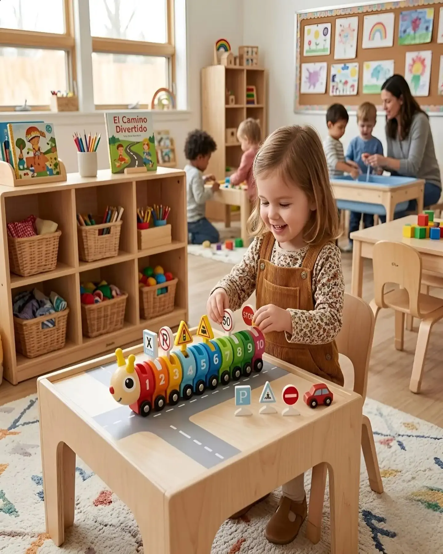 Tren Didáctico de Madera en Forma de Gusanito con Números y Señales de Tránsito 6