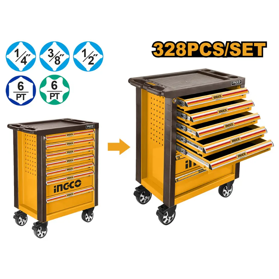 CAJA INGCO METALICA 7 CAJONES C/HERRAMIENTAS JGO 328 PZAS # HTCS273281 1