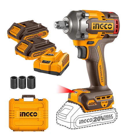 PISTOLA DE IMPACTO BL +2BAT 2AH Y CARG INDUSTRIAL 1/2" 20V/400NM INGCO CIWLI2040
