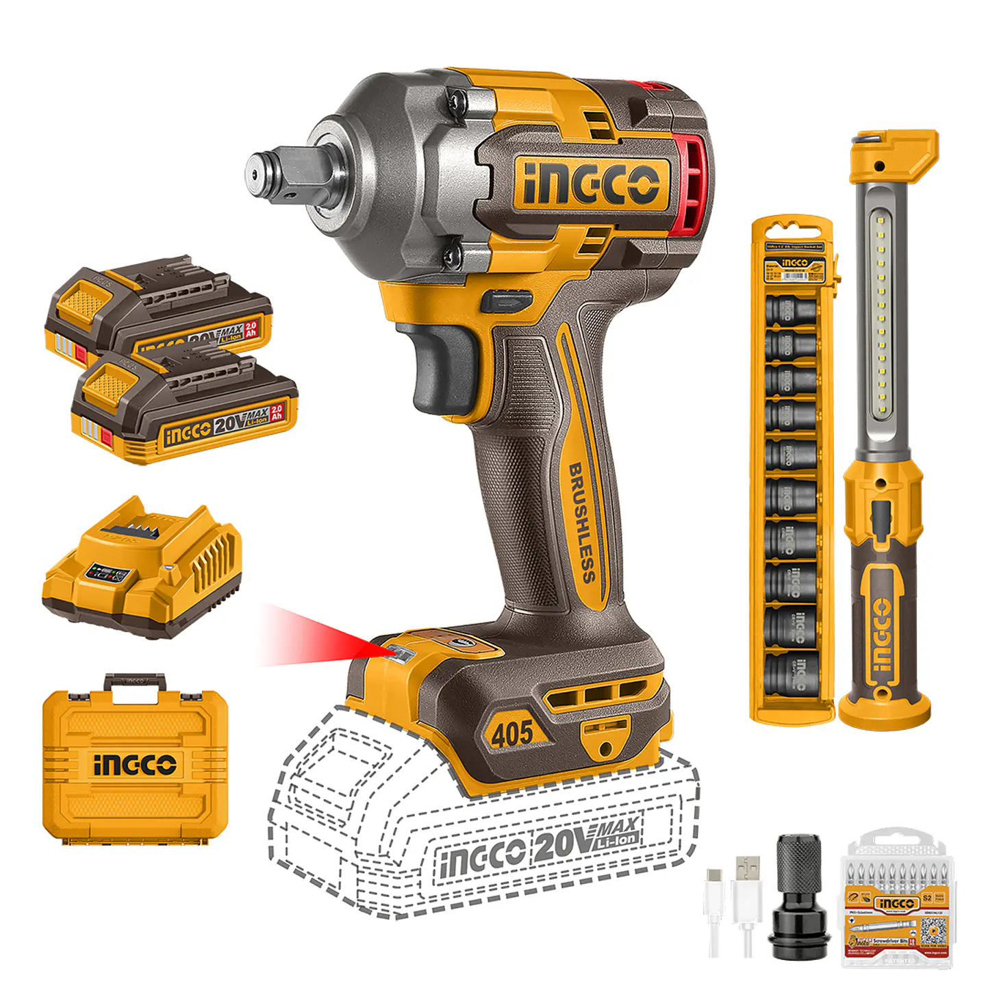 SET PISTOLA IMP BL +2 BAT Y CARG + LINTERNA + DADOS 20V/405NM INGCO COSLI23056 1