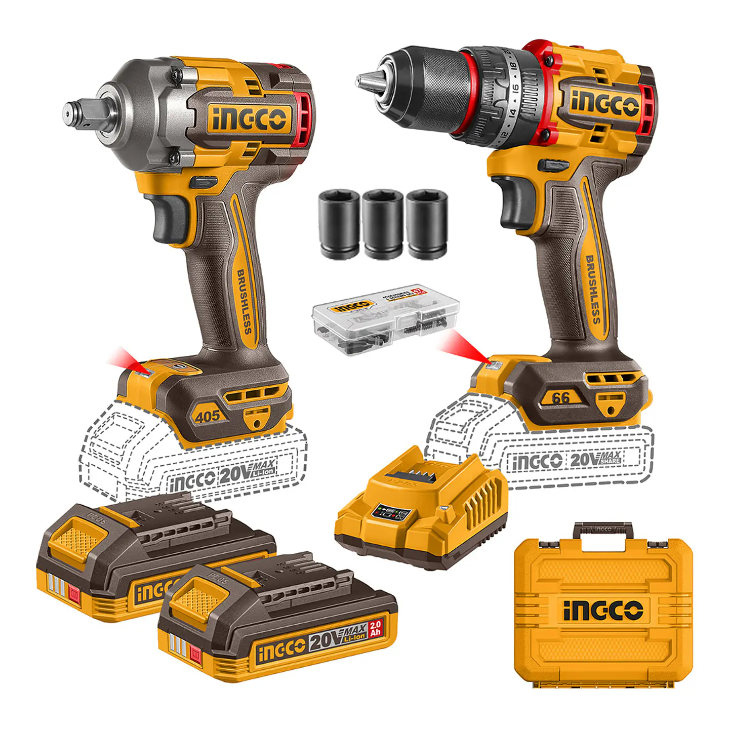SET TALADRO PER Y PISTOLA IMPACTO BL +2BAT Y CARG INDUSTRIAL 20V INGCO CKLI20286 1
