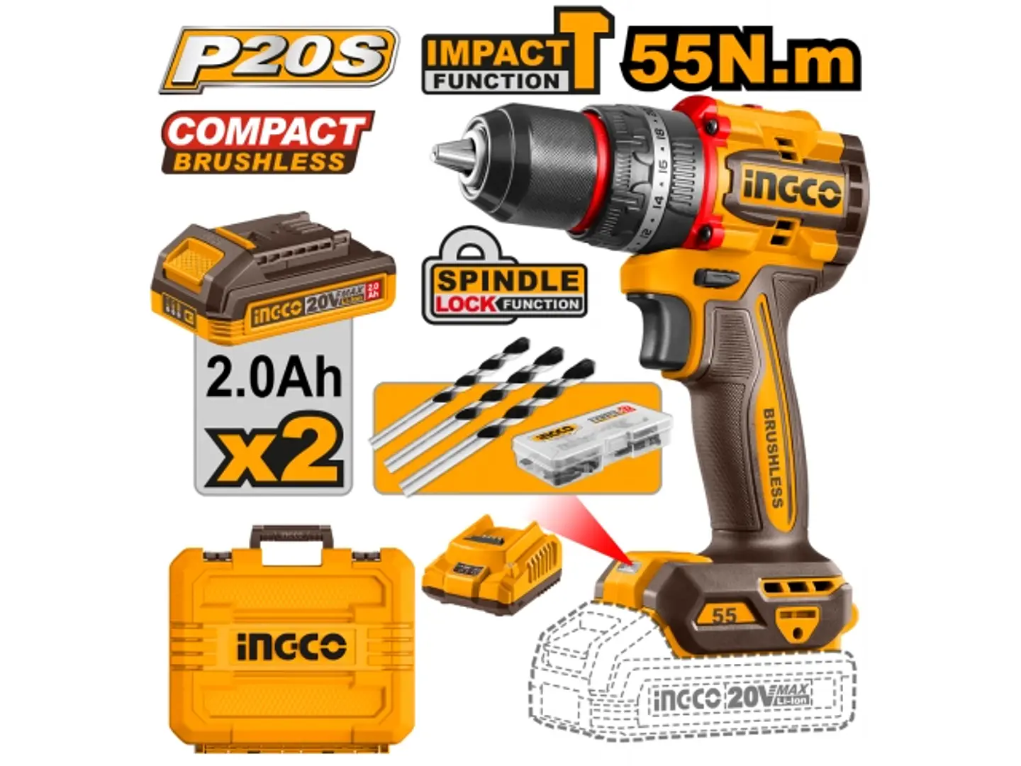 TALADRO ATORNILLADOR PERCUTOR 20V P20S 55NM CON 2X2AH BAT  INGCO CIDLI20558 1