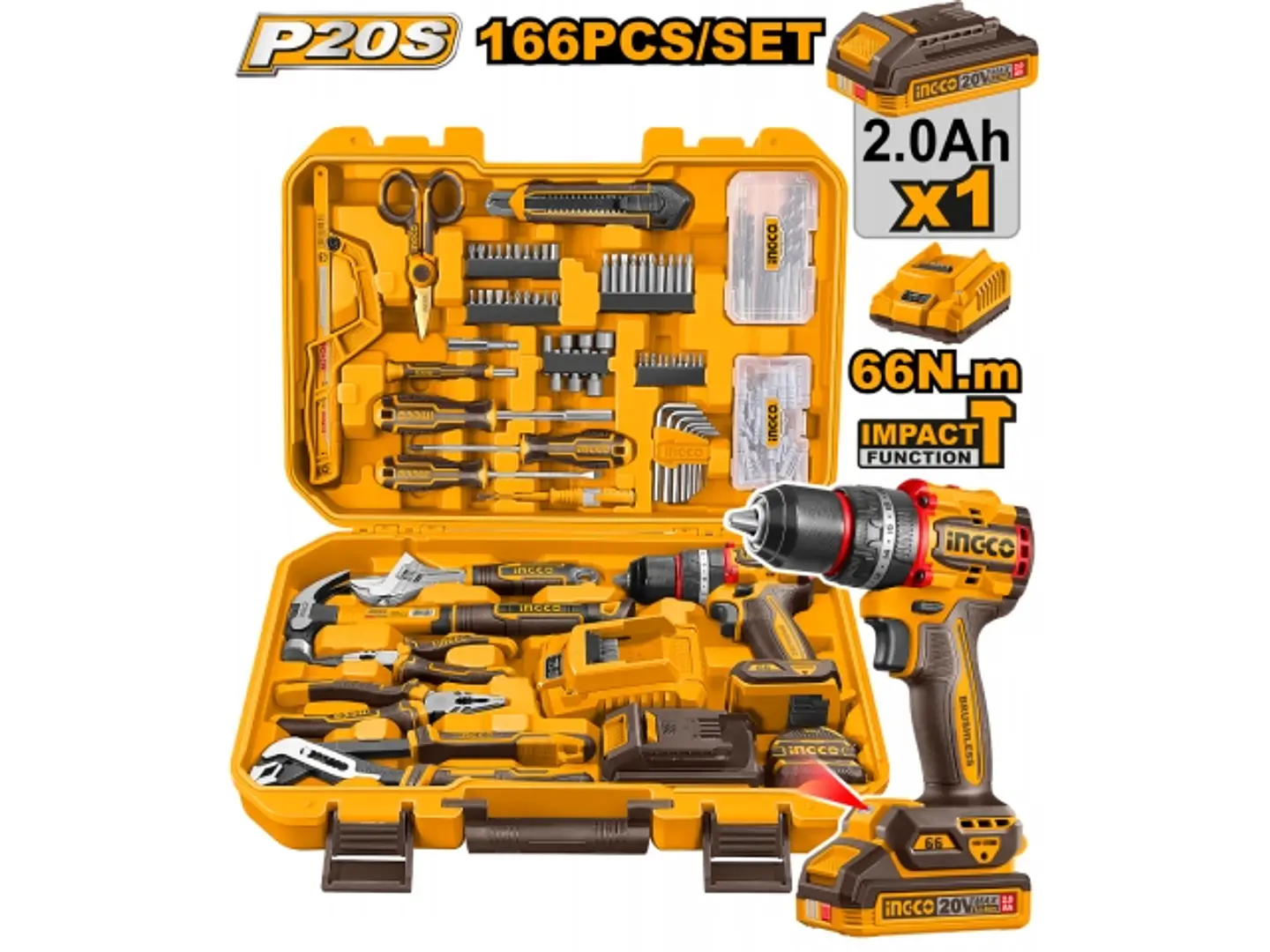 SET 166 HERRAMIENTAS COMBINADAS + TALADRO ATORN. C/PERCUTOR A BATERIA 13MM 66NM 20V + BAT 2.0AH + CARGADOR  HKTHP41662 1