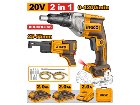 ATORNILLADOR P/YESO A BATERIA 20V P20S + 2 BATERIAS 2.0AH + CARGADOR + ACCESORIOS INGCO CDSLI204268
