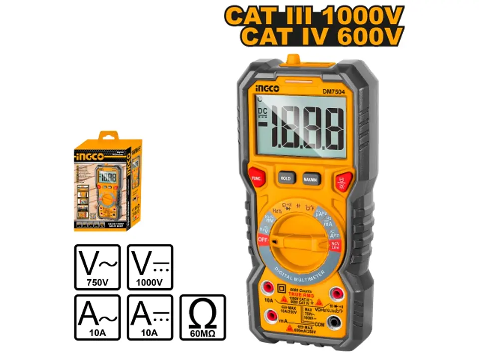 MULTIMETRO DIGITAL CATIII 1000V CATIV 600V INGCO DM7504 1