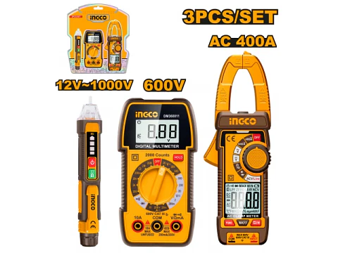 SET PINZA AMPERIMETRICA AC-400A + MULTIMETRO DIGITAL 600V + DETECTOR DE VOLTAJE   INGCO DM3069