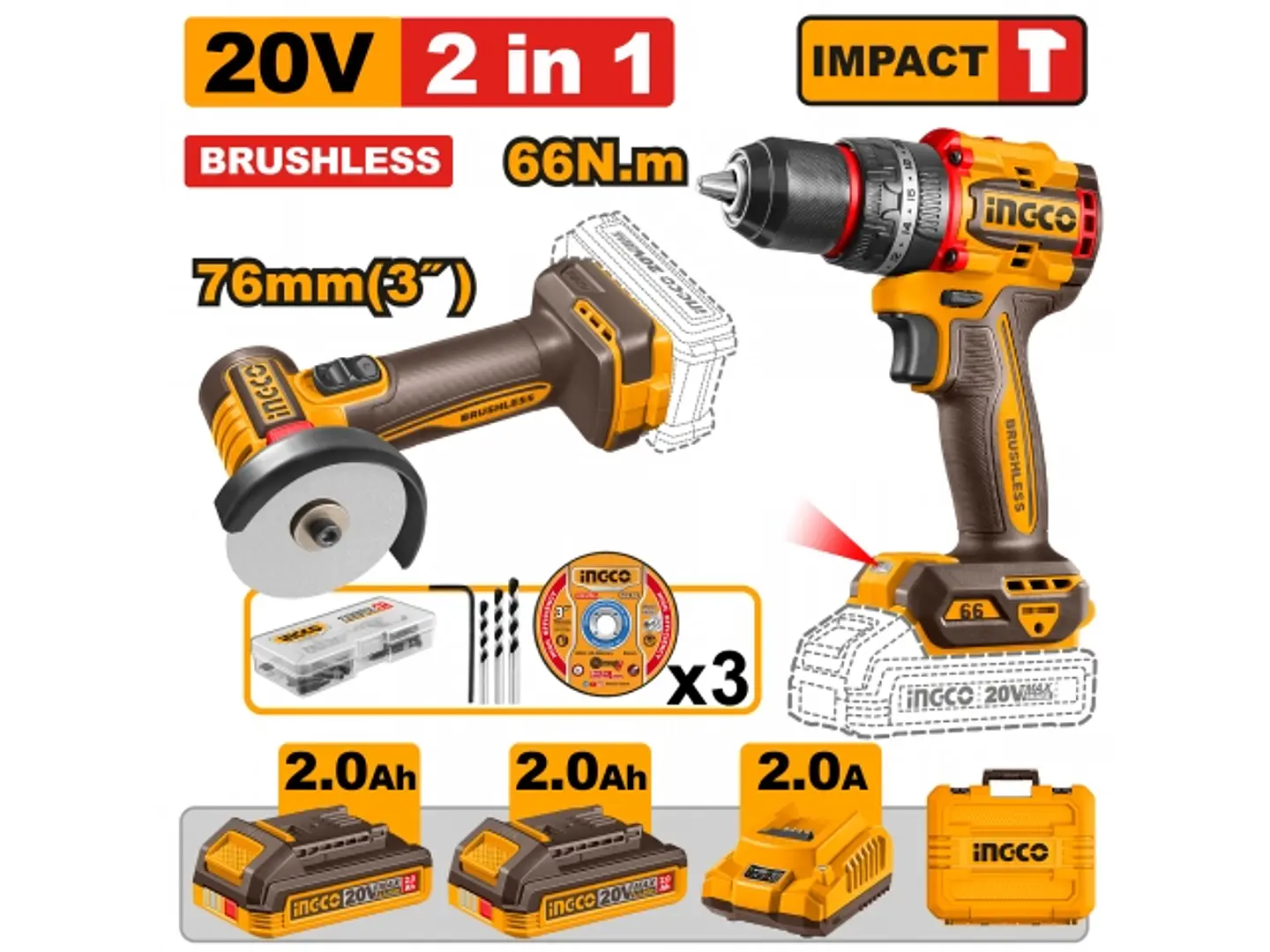 SET MINI AMOLADORA 76MM + TALADRO ATORNILLADOR 66NM + 2 BATERIAS 2.0AH + CARGADOR + ACCESORIOS 1