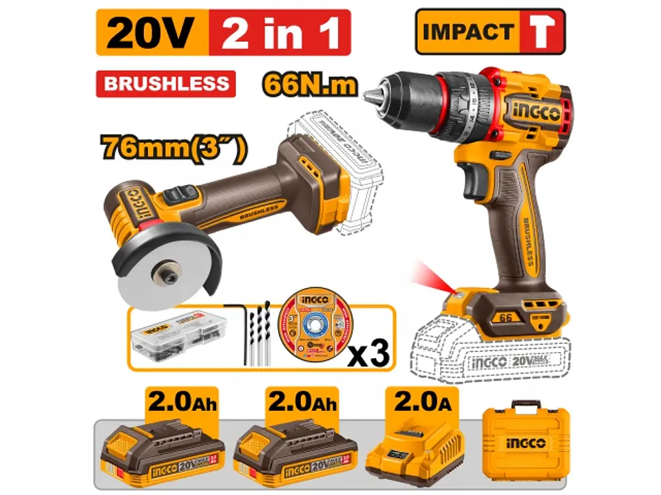 SET MINI AMOLADORA 76MM + TALADRO ATORNILLADOR 66NM + 2 BATERIAS 2.0AH + CARGADOR + ACCESORIOS 1