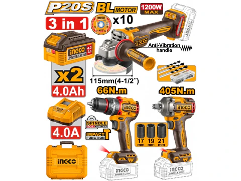 SET 3PZ AMOLADORA 4.1/2″ + TALADRO 66NM + LLAVE DE IMPACTO 405NM + ACCESORIOS – #CKLI20358