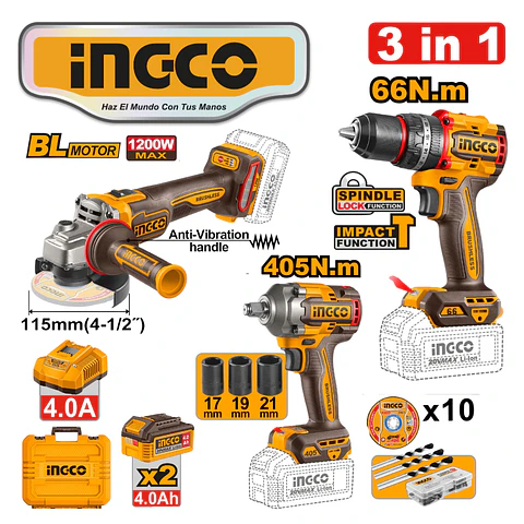 SET 3PZ AMOLADORA 4.1/2″ + TALADRO 66NM + LLAVE DE IMPACTO 405NM + ACCESORIOS – #CKLI20358