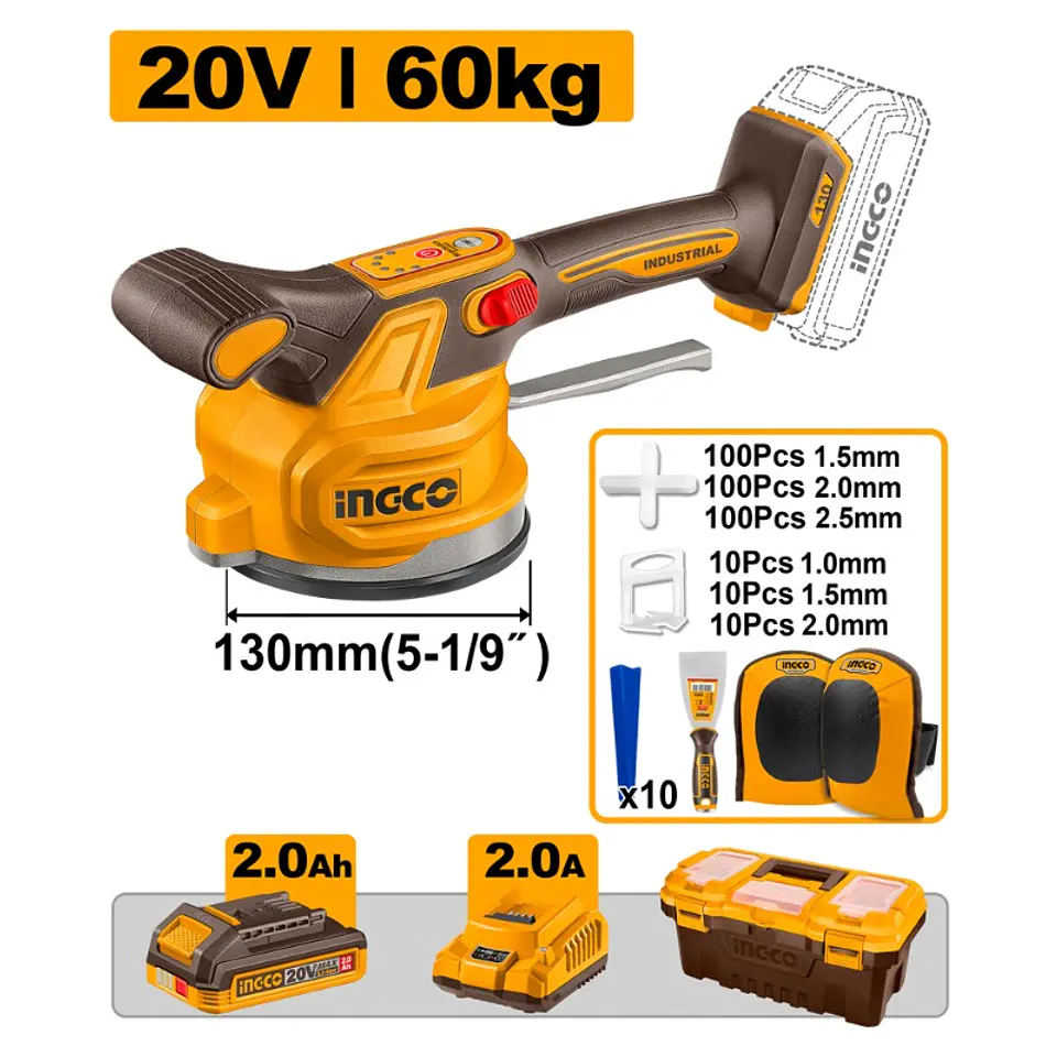 VENTOSA VIBRADORA INGCO INALAMBRICA 20V C/BAT.2 AH + CARGADOR + MALETA # CTVLI20018 1
