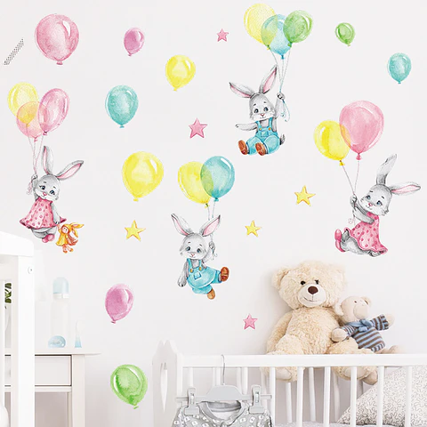 🐰 Conejos y Globos en Acuarela | Set Completo de 4 Láminas 90x30 cm | Vinilo Sticker de Pared Infantil