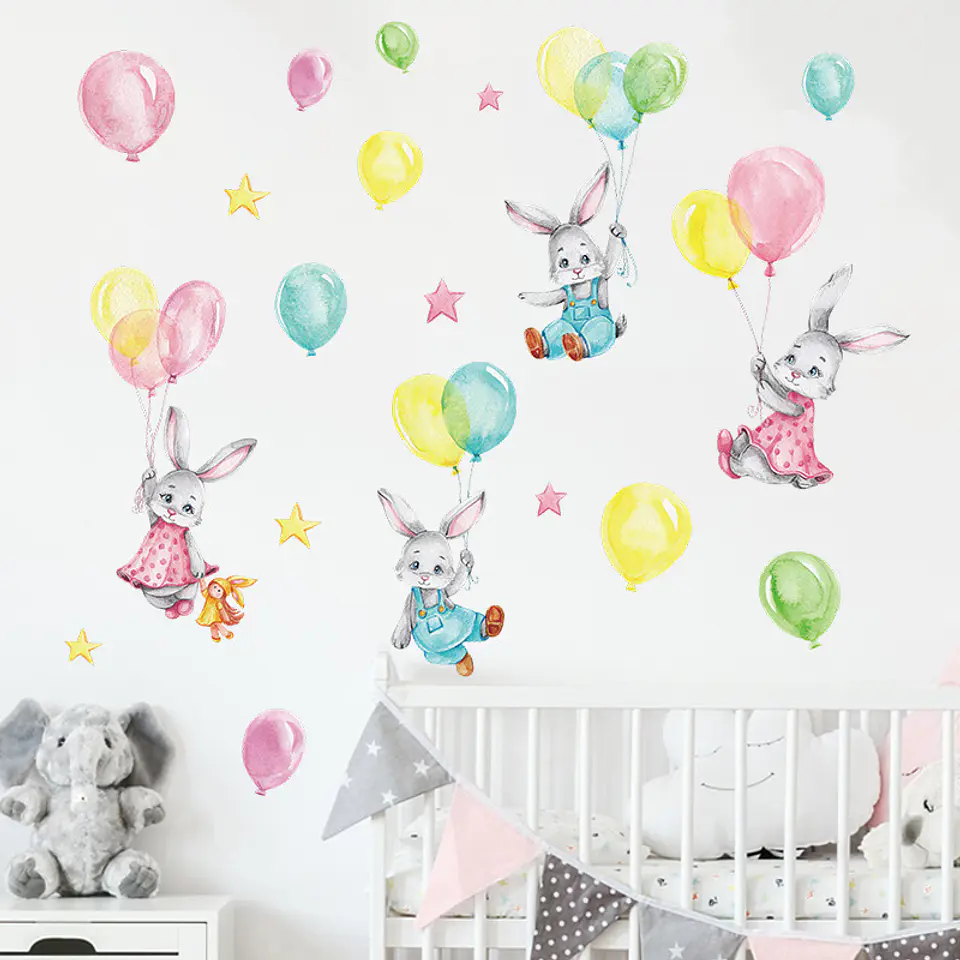 🐰 Conejos y Globos en Acuarela | Set Completo de 4 Láminas 90x30 cm | Vinilo Sticker de Pared Infantil 4