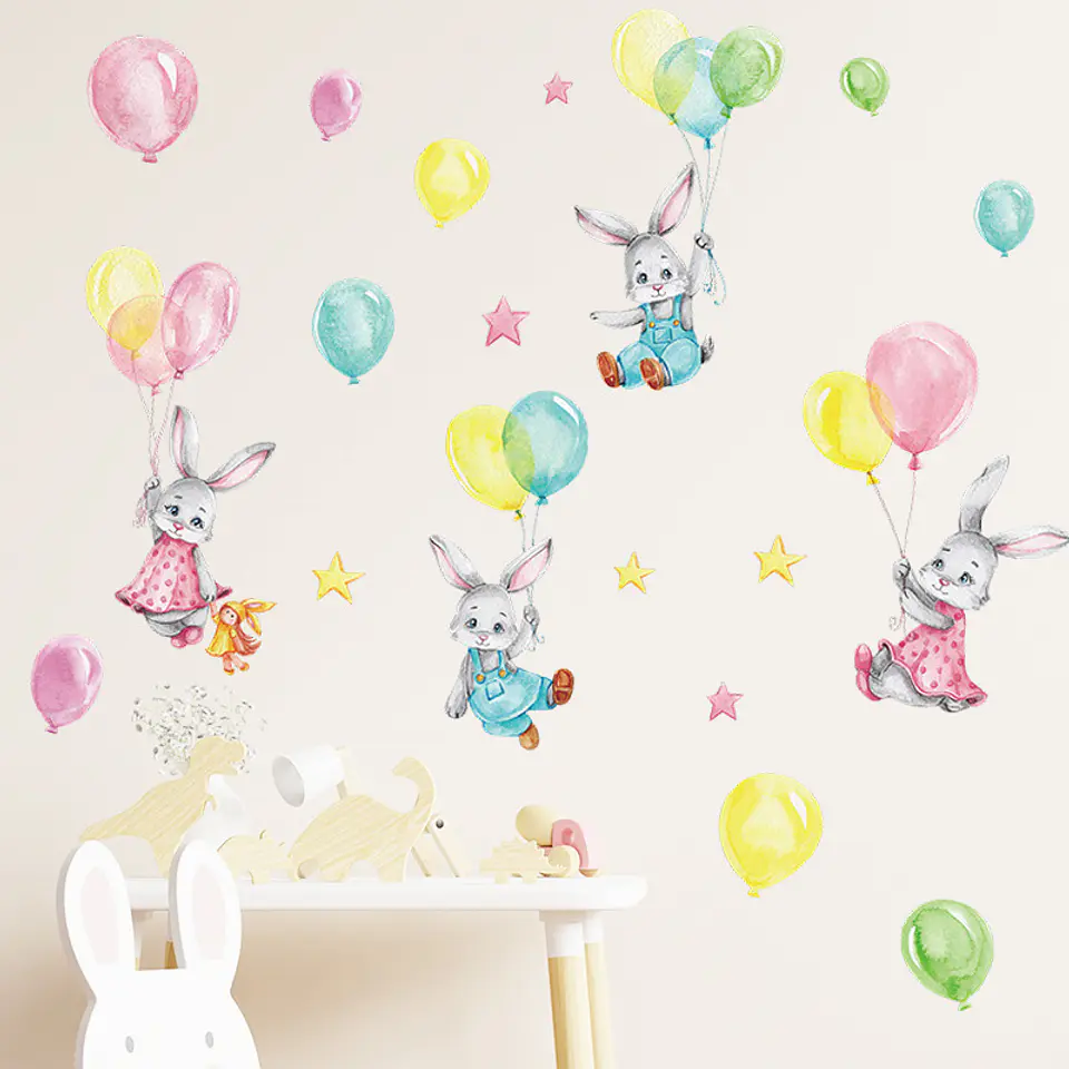 🐰 Conejos y Globos en Acuarela | Set Completo de 4 Láminas 90x30 cm | Vinilo Sticker de Pared Infantil 5