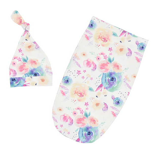 Flores en acuarela | Manta saquito y gorro