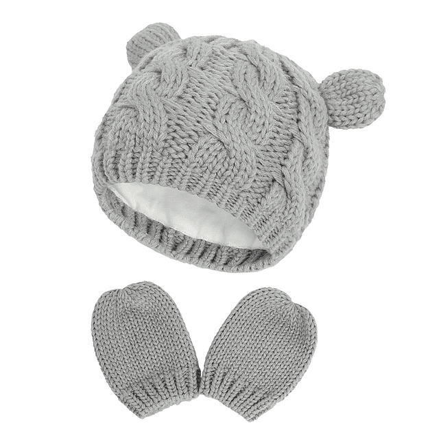 Osito gris | Gorro y guantes mitones gris