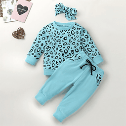 Animal print azul | Conjunto poleron, pantalones y cintillo