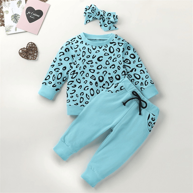 Animal print azul | Conjunto poleron, pantalones y cintillo