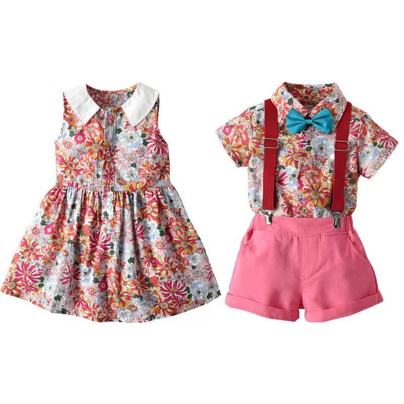 Conjunto heramnos, vestido y camisa con short, suspensores
