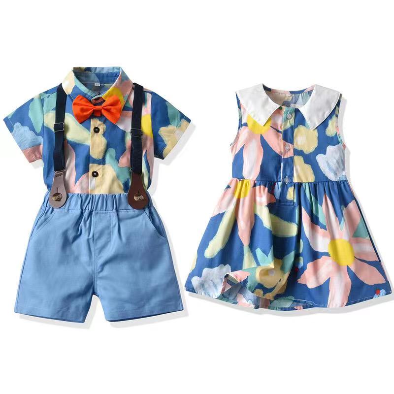 Conjunto hermanos, vestido y camisa con short, suspensores