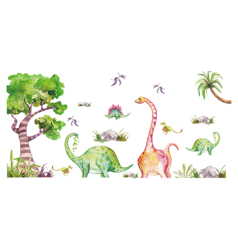 🦕 Baby Sweet Dinos en Acuarela | Set de 4 Láminas 90x30 cm | Vinilo Sticker de Pared Infantil