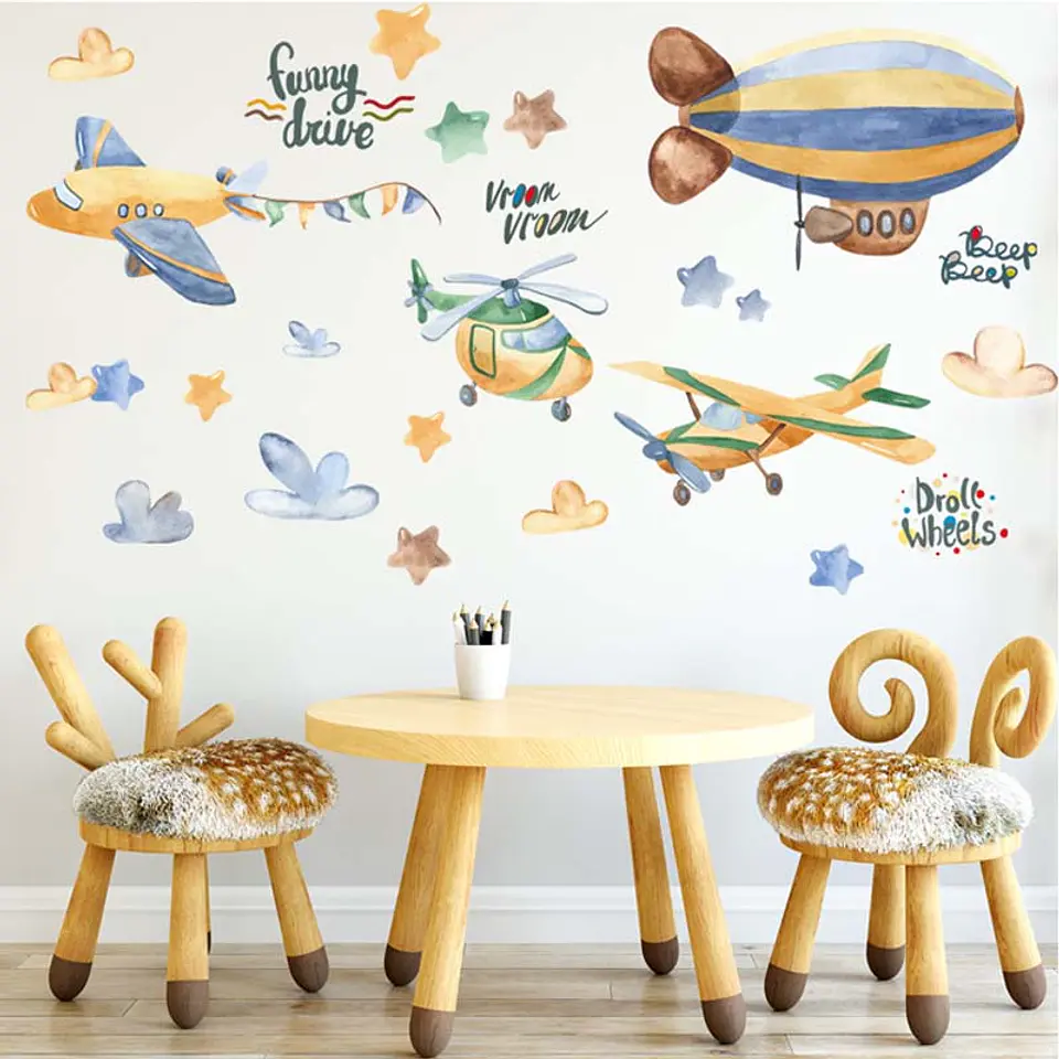 ✈️ Aviones y Avionetas en Acuarela | Set Completo de 4 Láminas 90x30 cm | Vinilo Sticker de Pared Infantil 1