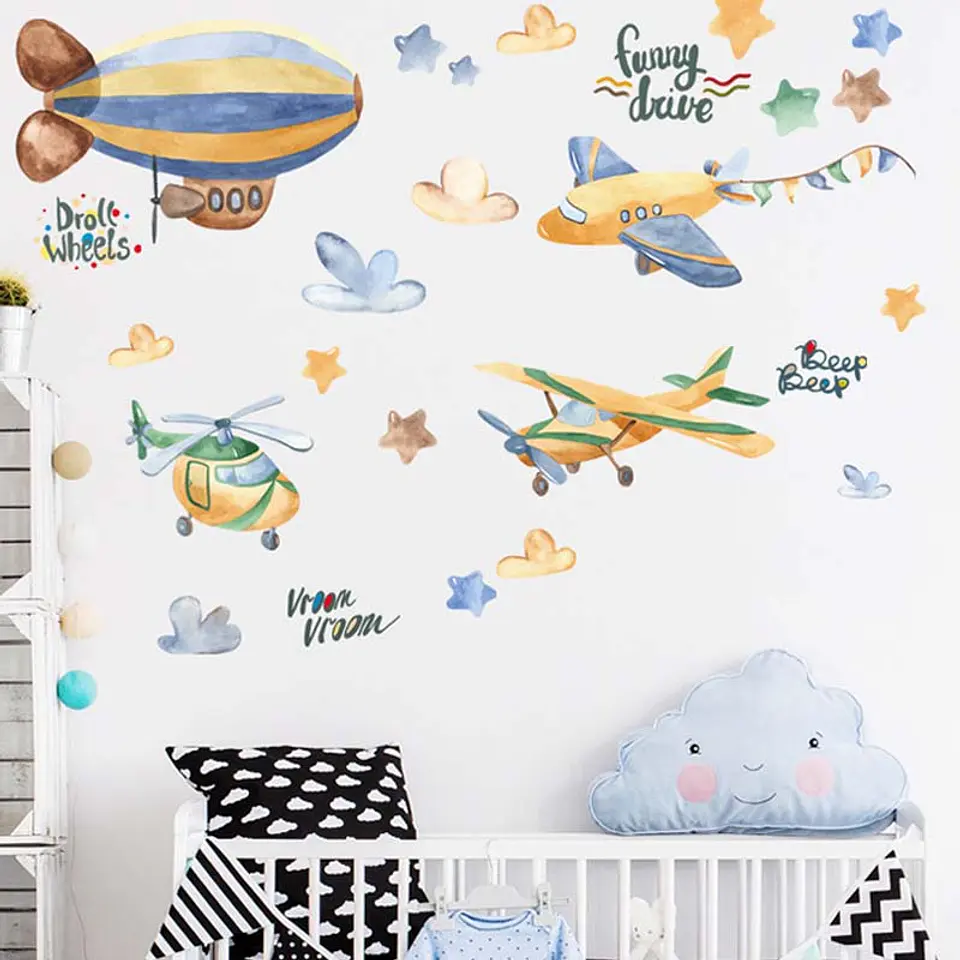 ✈️ Aviones y Avionetas en Acuarela | Set Completo de 4 Láminas 90x30 cm | Vinilo Sticker de Pared Infantil 3