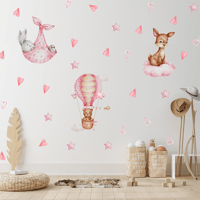 Sticker de Pared Infantil Sweet Pink Animals | Vinilo Decorativo 90x30cm Estilo Acuarela