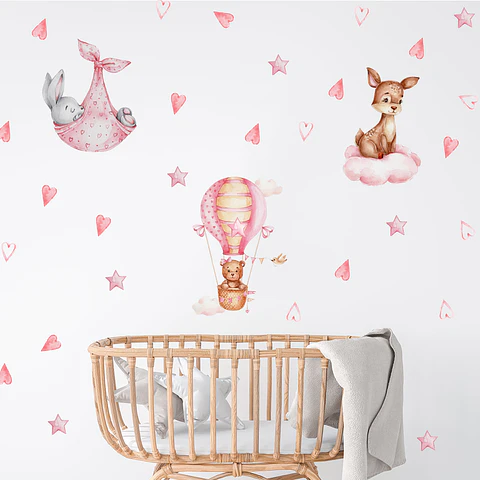 Sticker de Pared Infantil Sweet Pink Animals | Vinilo Decorativo 90x30cm Estilo Acuarela