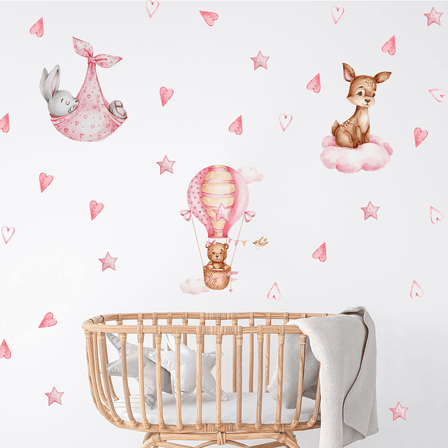 Sticker de Pared Infantil Sweet Pink Animals | Vinilo Decorativo 90x30cm Estilo Acuarela