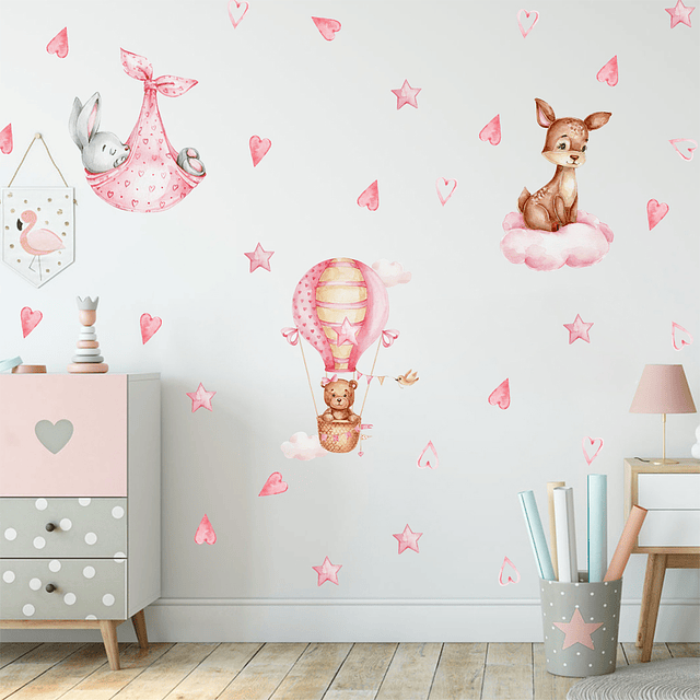Sticker de Pared Infantil Sweet Pink Animals | Vinilo Decorativo 90x30cm Estilo Acuarela