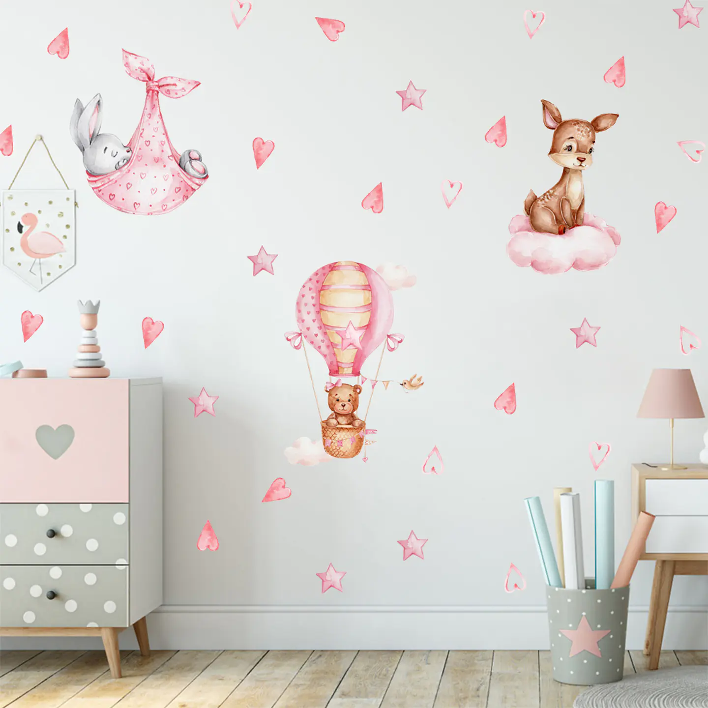 Sticker de Pared Infantil Sweet Pink Animals | Vinilo Decorativo 90x30cm Estilo Acuarela 3