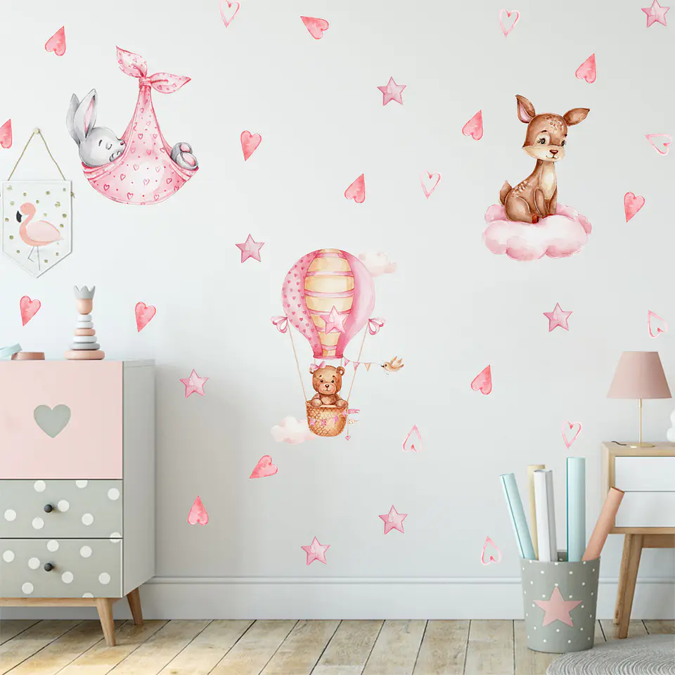 Sticker de Pared Infantil Sweet Pink Animals | Vinilo Decorativo 90x30cm Estilo Acuarela 3