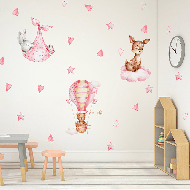 Sticker de Pared Infantil Sweet Pink Animals | Vinilo Decorativo 90x30cm Estilo Acuarela