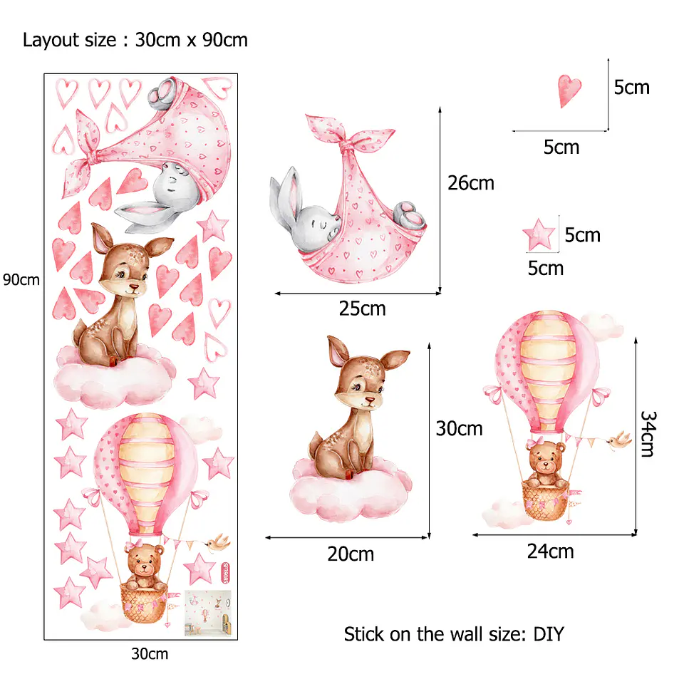 Sticker de Pared Infantil Sweet Pink Animals | Vinilo Decorativo 90x30cm Estilo Acuarela 5