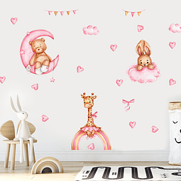 Sticker de Pared Infantil Sweet Pink Animals | Vinilo Decorativo 90x30cm Estilo Acuarela