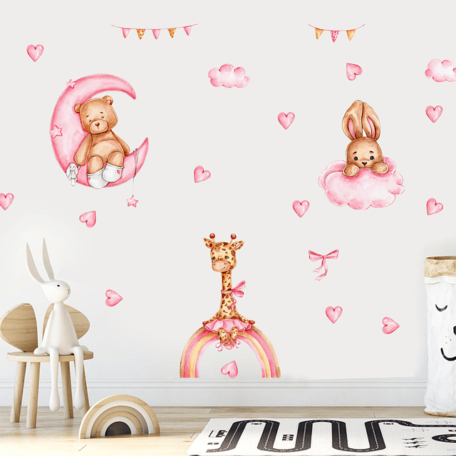Sticker de Pared Infantil Sweet Pink Animals | Vinilo Decorativo 90x30cm Estilo Acuarela