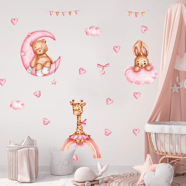 Sticker de Pared Infantil Sweet Pink Animals | Vinilo Decorativo 90x30cm Estilo Acuarela