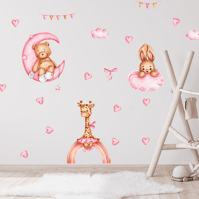 Sticker de Pared Infantil Sweet Pink Animals | Vinilo Decorativo 90x30cm Estilo Acuarela
