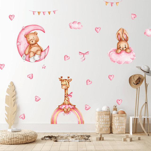 Sticker de Pared Infantil Sweet Pink Animals | Vinilo Decorativo 90x30cm Estilo Acuarela