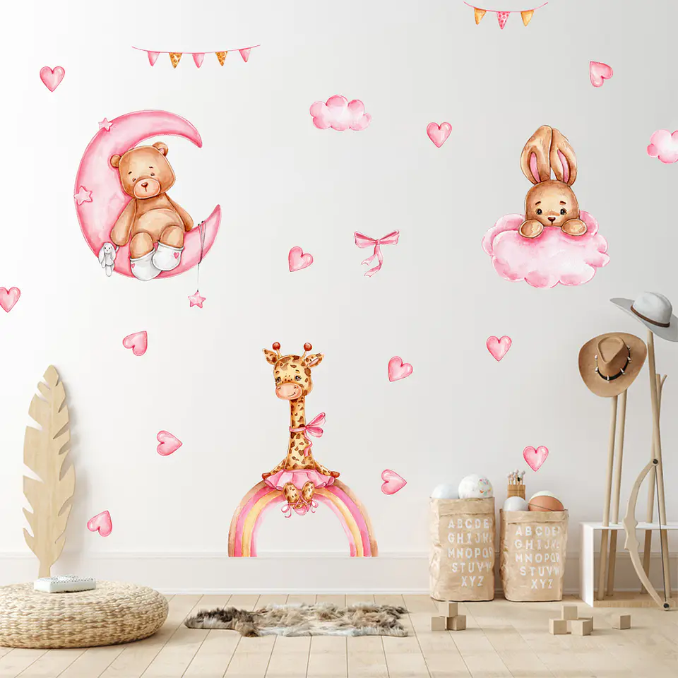 🩷 Sweet Pink Animals | Set de 4 Láminas 90x30 cm | Vinilo Sticker de Pared Infantil en Acuarela 5