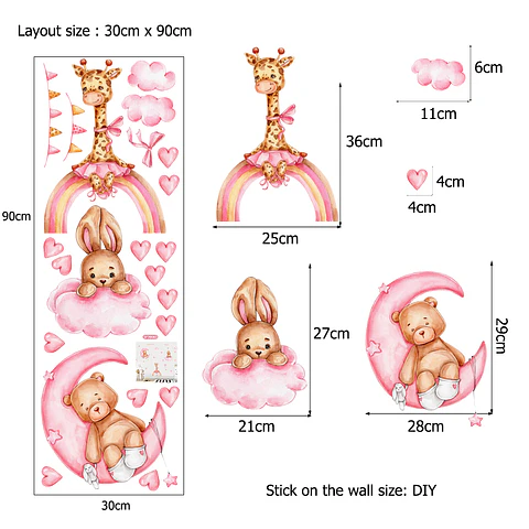 🩷 Sweet Pink Animals | Set de 4 Láminas 90x30 cm | Vinilo Sticker de Pared Infantil en Acuarela