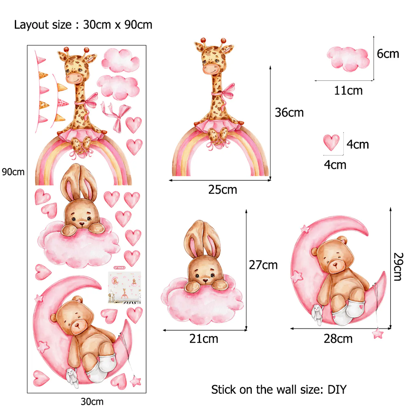 🩷 Sweet Pink Animals | Set de 4 Láminas 90x30 cm | Vinilo Sticker de Pared Infantil en Acuarela 2