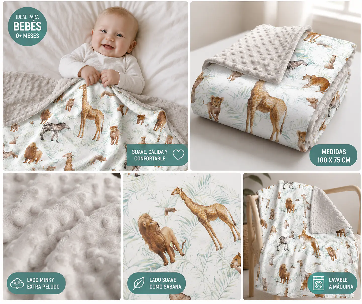Manta Bebé beige animales Extra Suave 100x75 cm 2