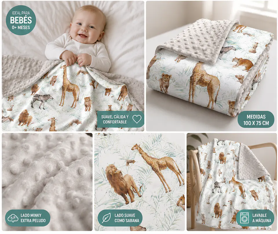 Manta Bebé beige animales Extra Suave 100x75 cm 2