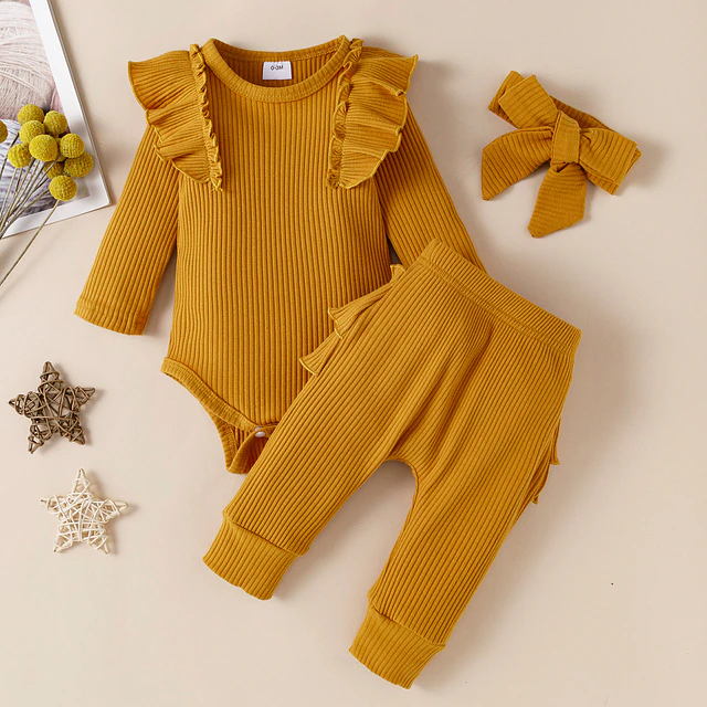Conjunto bebe niña amarillo pantalon body y cintillo